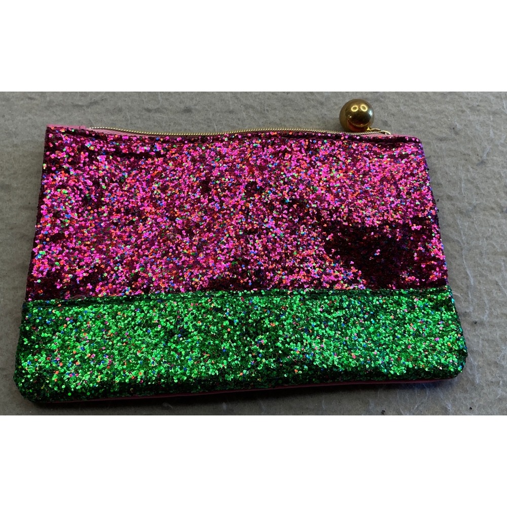 Ipsy Makeup Bag Pink Green Glitter‎ Two Tone Cosmetic Pouch Gold Ball Zipper S